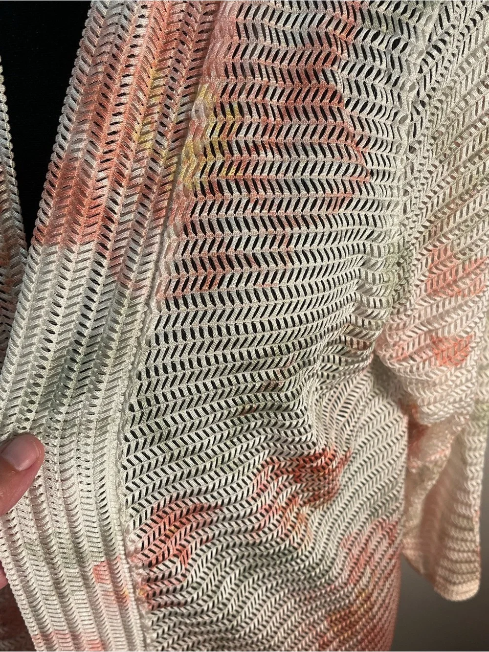 CALstyle White and Peach Open-Weave Draped Cardigan